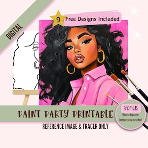 Black Girl Sip and Paint Party Kit Canvas, Pre drawn Template for DIY Art Parties, Printable Stencil, Paint Night Png Outline, Digital File