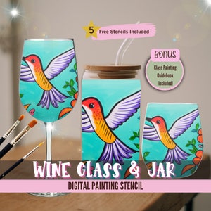 Festa de pintura em taça de vinho e jarra de beija-flor, estênceis pré-desenhados, kit de pintura DIY, gole e pintura, arte noturna para encontros, download digital floral