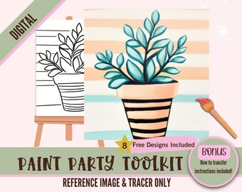 Striped Pot Plant Painting Kit for Kids, Teens, Adults - Paint Party Printable, Pre-Drawn Canvas for Sip and Paint, DIY Art Kit, Digital