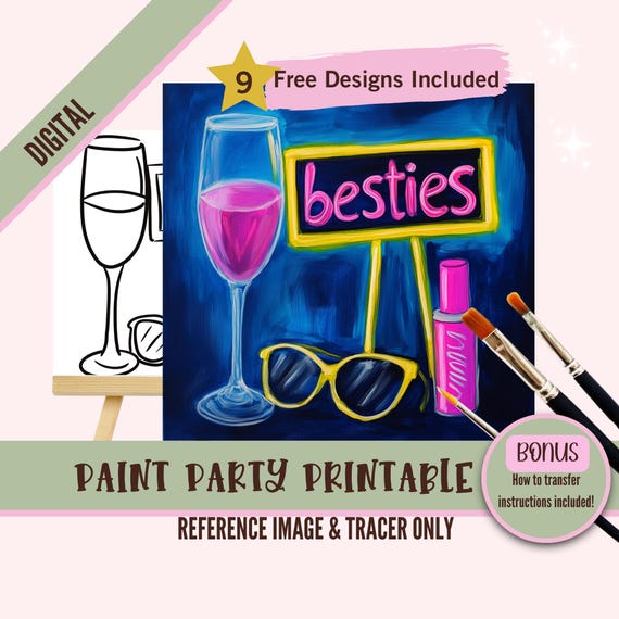 Sip and Paint Party Kit Canvas, Pre drawn Besties Template for DIY Art Parties, Printable Stencil, Paint Night Png Outline, Digital Download