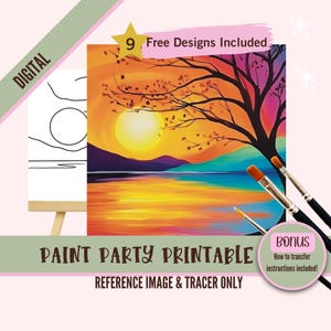 Sunset Lake Lanscape Paint Party para impressão, Tracer de arte em tela faça você mesmo, modelo de pintura digital, design de noite de pintura, arquivo de download de arte digital