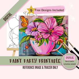 Puede incluir: Un imprimible digital para una fiesta de pintura con un diseño floral en una taza de té rosa. La obra de arte incluye flores rosas y moradas brillantes con hojas verdes, una mariposa y el texto "PAINT PARTY PRINTABLE". Incluye 9 diseños gratuitos.