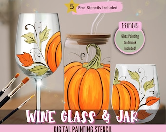 May include: Digital painting stencil for a wine glass and jar featuring a pumpkin design with leaves and a bonus glass painting guidebook.  5 free stencils included.