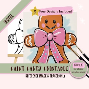 May include: Digital download of a gingerbread man paint party printable. The image shows a gingerbread man with a pink bow and blue polka dots. The printable includes a reference image and a tracer.