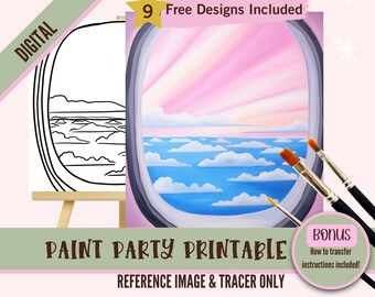 Sip and Paint Party Kit Canvas, Plantilla predibujada para fiestas de arte DIY, Plantilla imprimible, Esquema png de la noche de pintura, Descarga digital, Viajes
