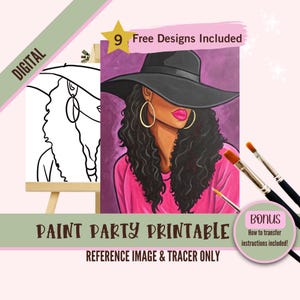 Afro-Amerikaanse vrouw in hoed verf partij afdrukbare, elegante zwarte dame schilderij sjabloon, DIY slokje en verf nacht, instant download kunst