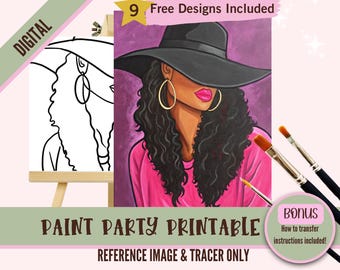 African American Woman in Hat Paint Party Printable, Elegant Black Lady Painting Template, DIY Sip and Paint Night, Instant Download Art