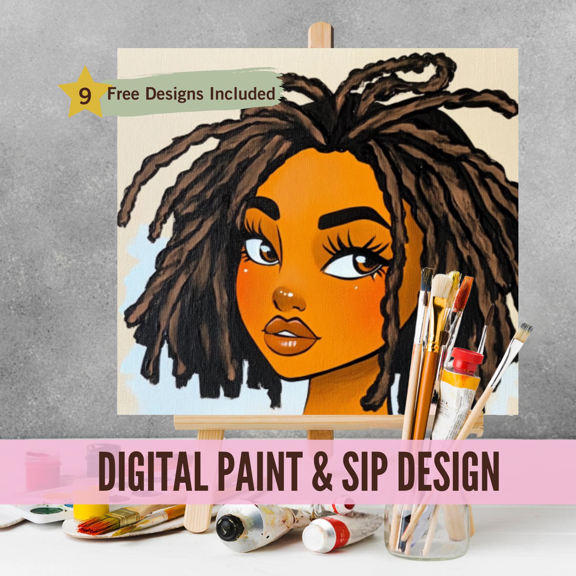 Black Girl Art Sip and Paint Party Kit Canvas, Locs Pre Drawn Template ...