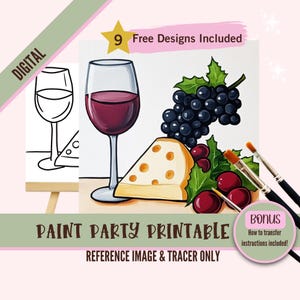 Wine and Cheese Sip and Paint Downloadable Stencil Art, DIY Acrylic Painting Party Image Transfers, Paint Night Canvas PNG Digital Download