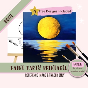 Kit de fiesta de pintura y sorbos con paisaje de luna dorada, plantilla prediseñada para fiestas de arte de bricolaje, plantilla imprimible, contorno PNG de noche de pintura