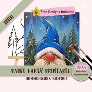 Kit de fiesta de pintura y sorbos de gnomos de invierno, lienzo, plantilla prediseñada para fiestas de arte de bricolaje, plantilla imprimible, contorno PNG de noche de pintura, digital