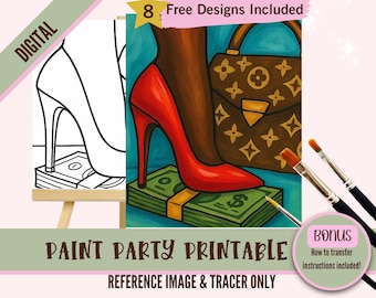Luxury Black Woman Art Painting Party PNG Tracer, Red Heel DIY Pre-Drawn Canvas Stencil Kit, Perfect for Coloring and Paint and Sip Parties