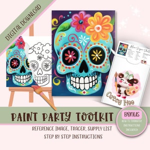 Pochoir visage fleur tête de mort en sucre, bricolage peinture fête imprimable Calavera Png téléchargement numérique pour fête mexicaine peinture et gorgée contour de la toile