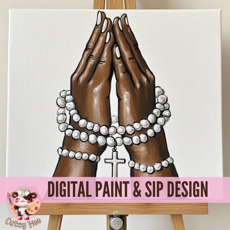 May include: A digital painting of two brown hands clasped in prayer with a white pearl necklace and a silver cross pendant.