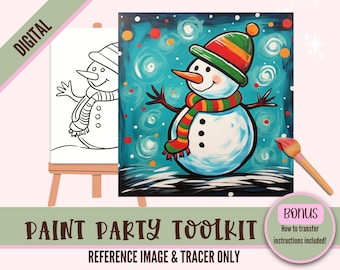 May include: Digital paint party toolkit featuring a snowman with a red, green, and yellow hat and scarf. The image includes a black and white outline of the snowman for tracing.
