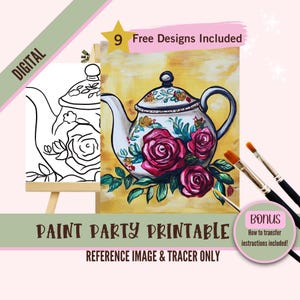 May include: Digital download of a paint party printable featuring a white teapot with pink roses and green leaves on a yellow background. The printable includes a reference image and a tracer.