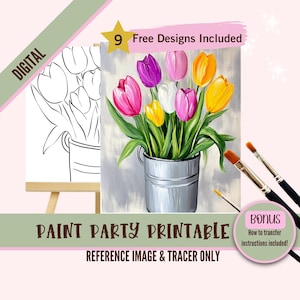 May include: Digital printable paint party reference image and tracer featuring a bouquet of colourful tulips in a metal bucket.  9 free designs included. Bonus: How to transfer instructions included.