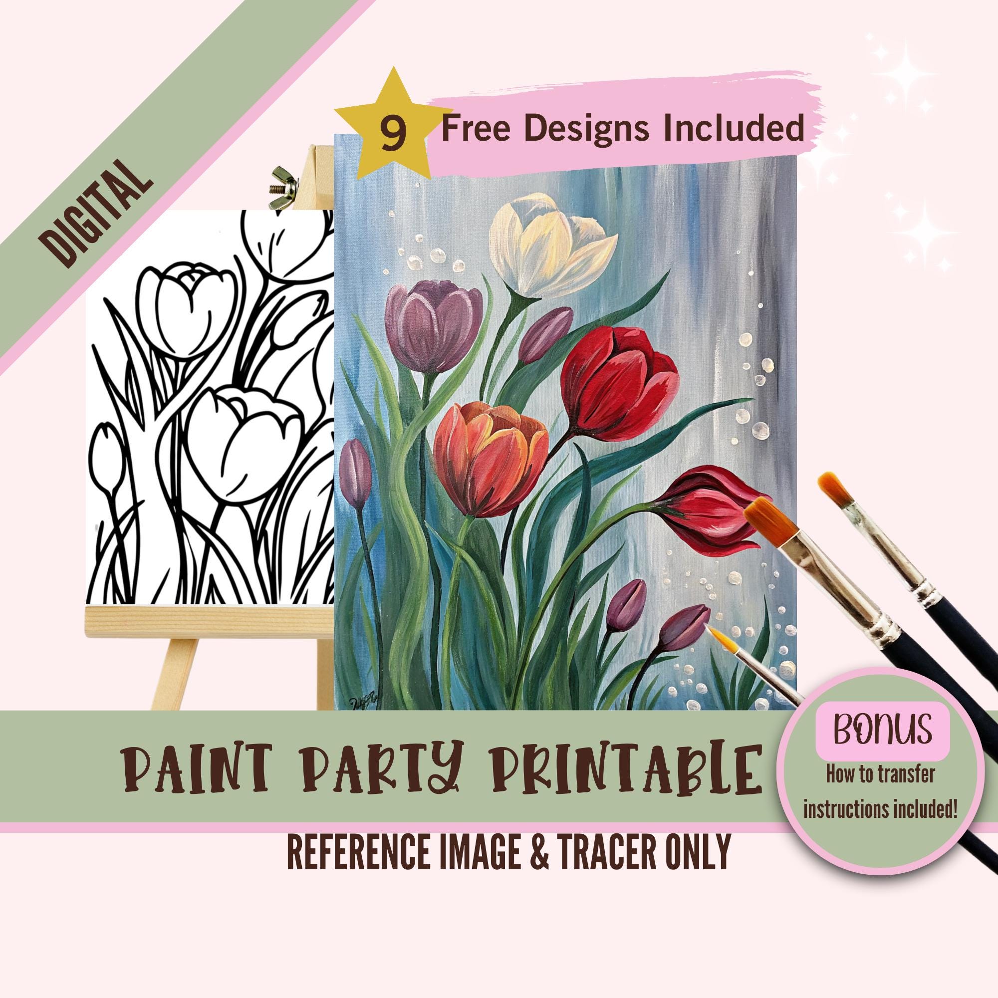 Tulip Flower Painting Template, Spring Sip and Paint, DIY Art Stencil ...