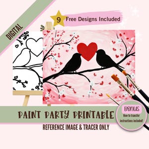 Valentinstag Sip and Paint Date Night - Liebesvögel Druckbare vorgefertigte Farbe auf Leinwandvorlagen - Perfekt für Paare und Partys