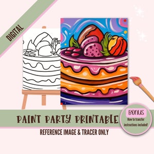 子供と大人のためのポップアートのあらかじめ描かれたキャンバスアートパーティー | 誕生日 DIY ペイントキット | PNG | 即時ダウンロード | DIY シップ アンド ペイント トレーサー | ケーキ