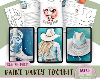 Adult DIY Paint Party Printable Bundle, Pre Drawn Outline, Ladies Night Out Party, Western Cowgirl Birthday Hat & Boots, Paint Party Tracers