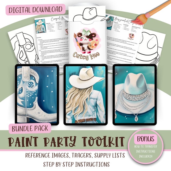 Adult DIY Paint Party Printable Bundle, Pre Drawn Outline, Ladies Night Out Party, Western Cowgirl Birthday Hat & Boots, Paint Party Tracers