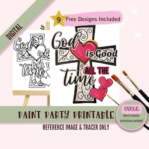 Może przedstawiać: Czarno-biały projekt do wydrukowania przedstawiający krzyż z napisem "Bóg jest dobry przez cały czas" i sercem. Projekt jest na białym tle i zawiera dodatkową instrukcję przenoszenia projektu.