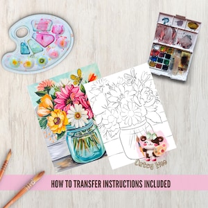 May include: A printable coloring page featuring a mason jar filled with colorful flowers. The image includes a dragonfly and the text "Curtsy Mae".
