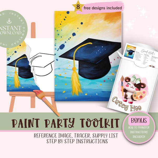 Graduation DIY Paint Party For Adults and Kids  |Pre-Drawn | Art Party Paint Kit | Sip & Paint | Digital Download File, Paint Party Toolkit