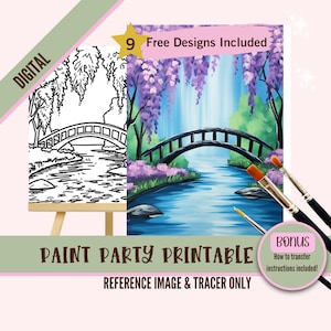 Pintura de paisaje Sip and Paint Party Kit Canvas, plantilla predibujada para fiestas de arte diy, plantilla imprimible, pintura noche png contorno