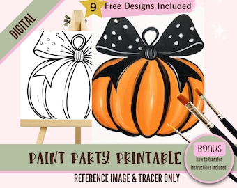 May include: A digital printable paint party design featuring a pumpkin with a black and white polka dot bow. The design includes a reference image and a tracer for easy painting.  9 free designs are included.  Bonus instructions on how to transfer the design are also included.