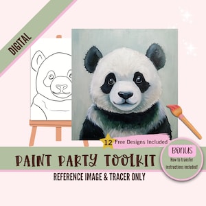 Panda Paint Party Kit - Vorgezeichnete Leinwand, Farbe und Schluck für Erwachsene und Jugendliche, digitale Kunst zum Downloaden, lustiges Tierhandwerk, einfaches DIY-Projekt