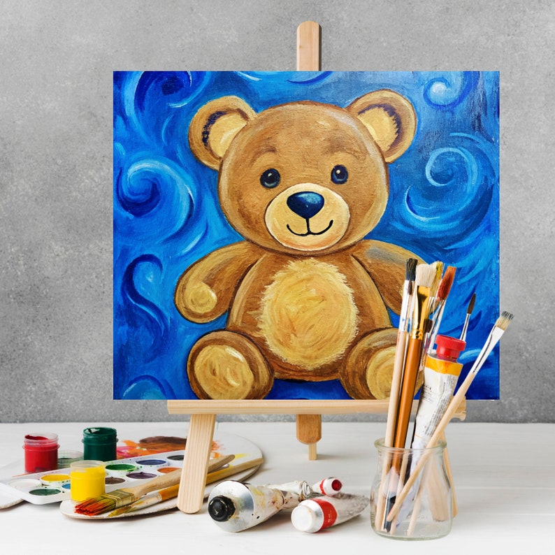 Digital Paint Party Toolkit featuring a teddy bear design. Includes a pre-drawn canvas tracer and instructions for an easy and fun paint and sip event. Perfect for adult craft parties and art enthusiasts.