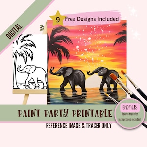 Voorgetekende olifant zonsondergangscène - slokje en verf canvas kit, Paint Party Toolkit, DIY afdrukbare kunst voor volwassenen, Party Tracer digitale download