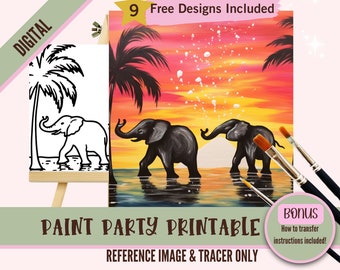 Pre Drawn Elephant Sunset Scene - Sip and Paint Canvas Kit, Paint Party Toolkit, DIY Printable Art for Adults, Party Tracer Digital Download