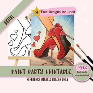 Kit de fiesta de pintura y sorbos con tacones rojos para el día de San Valentín, plantilla prediseñada para fiestas de arte DIY, plantilla imprimible, noche de pintura PNG