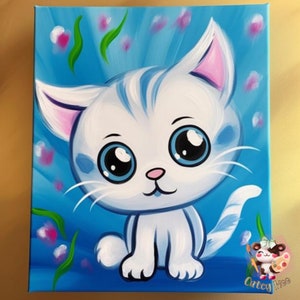 Digital paint party toolkit for adults featuring a cute kitten design. This pre-drawn canvas stencil is perfect for DIY art projects, paint and sip parties, home decor, and gifts. Ideal for crafters, paint party hosts