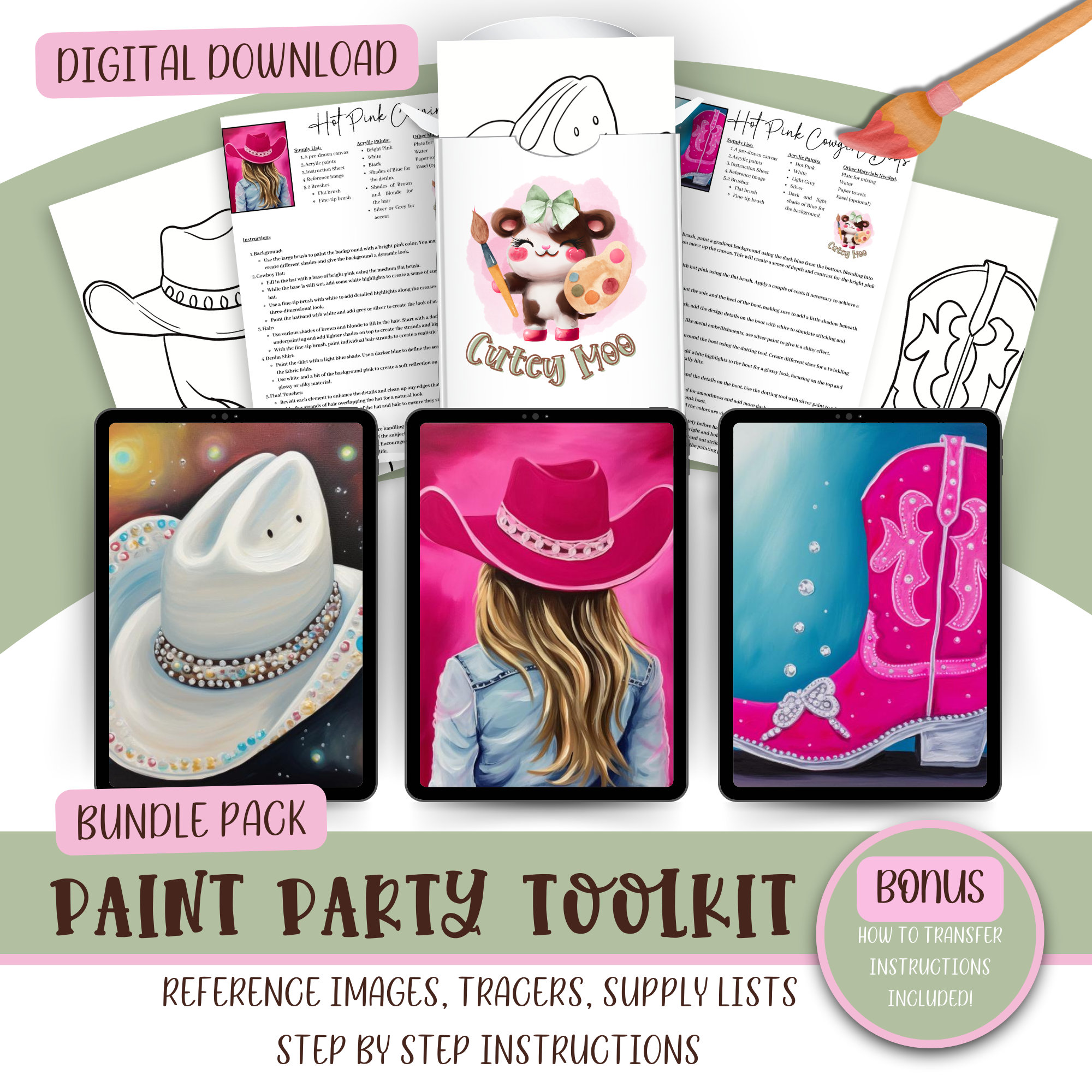 Adult DIY Paint Party Printable Bundle, Pre Drawn Outline, Ladies Night Out Party, Western Cowgirl Birthday Hat & Boots, Paint Party Tracers