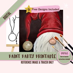 Kit de fiesta de pintura y sorbos de gnomos navideños, plantilla prediseñada navideña para fiestas de arte de bricolaje, plantilla imprimible, contorno PNG de noche de pintura