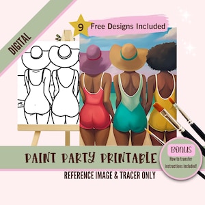 Ladies Night Sip and Paint Canvas, plantilla predibujada para fiesta de pintura diy, plantilla imprimible, pintura nocturna fuera contorno png, tema de playa