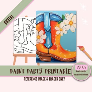 Cowgirl Boot DIY Sip N Paint Canvas Print Instant Digital Download for Art Parties, Png Party Stencil, Date Night Sip and Paint Printable