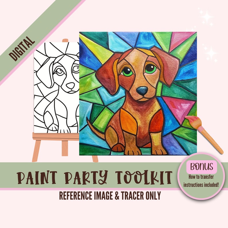 Digital Paint Party Toolkit featuring a stained glass dog design. Includes pre-drawn canvas tracer for easy paint and sip events. Perfect for adult craft parties, DIY art projects, and painting enthusiasts looking for a fun and creative activity.