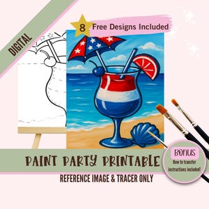 Festa di pittura artistica del 4 luglio in formato PNG, kit di stencil su tela pre-disegnati fai da te, perfetti per colorare e per feste di pittura e sorseggiamenti.