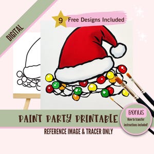 Christmas Lights Sip and Paint Downloadable Stencil Art, Santa Hat DIY Acrylic Painting Party Image Transfers, Paint Night Canvas Download