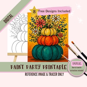 Puede incluir: Un imprimible digital para una fiesta de pintura con una pintura de calabazas apiladas y flores. La imagen incluye una imagen de referencia y un trazador, además de 8 diseños gratuitos. Se incluyen pinceles en la imagen. El texto dice "Paint Party Printable".