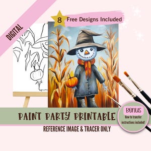 Puede incluir: Un imprimible digital para una fiesta de pintura con un espantapájaros en un campo de maíz, sosteniendo una calabaza. La imagen incluye una imagen de referencia, un trazador e instrucciones adicionales. El texto dice "8 diseños gratuitos incluidos". También se ven pinceles.