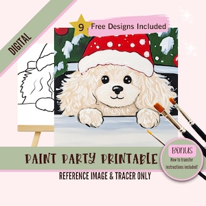 Festa de pintura de cachorro de Natal para imprimir - Cachorro poodle fofo com chapéu de Papai Noel - Decoração faça você mesmo para pintar e beber - Kit de artesanato festivo de inverno