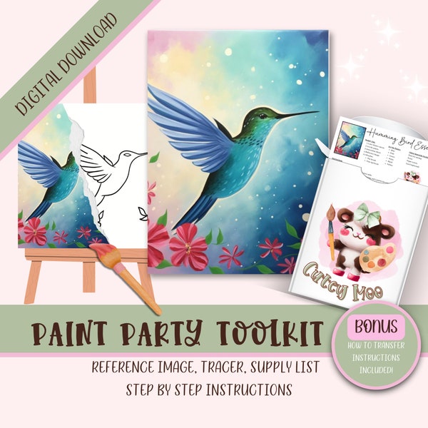 Paint And Sip Kit Spring, Diy Paint Party Kit Instant Download, Step By Step Instructions & Supply List, Hummingbird Bird Download Tracer