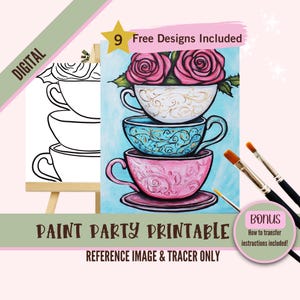Modelo de pintura de xícara de chá rococó, elegante chá de bebê e tinta, estêncil de arte faça você mesmo, xícara de chá floral rastreável, decoração vintage para impressão, digital
