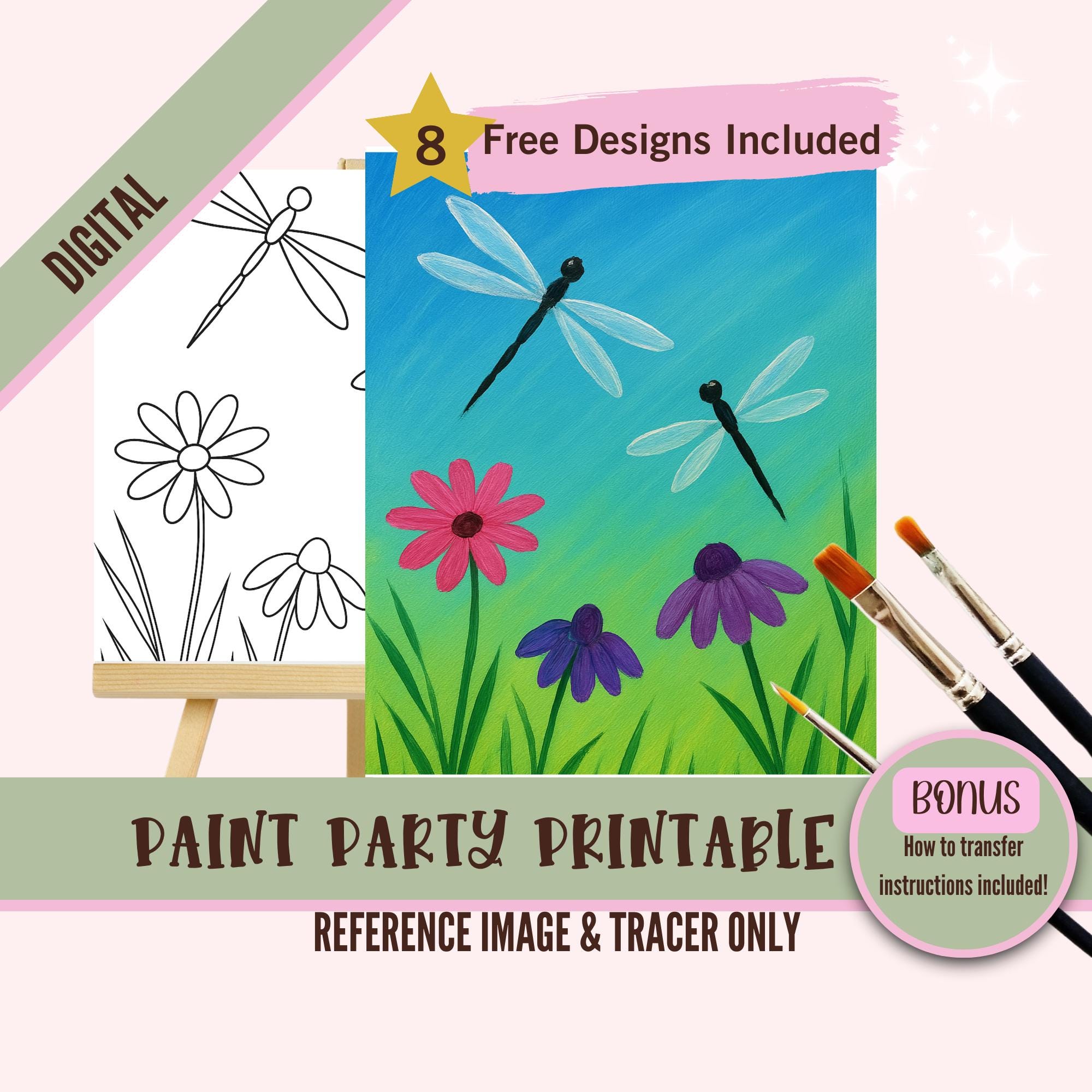 Dragonfly Garden Art Painting Party PNG Tracer, DIY Pre-Drawn Canvas Stencil Kit, Perfect for Coloring and Paint and Sip Parties